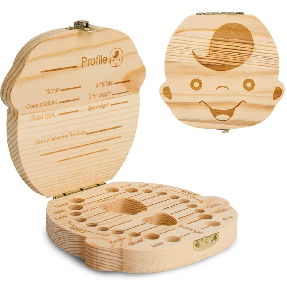 image 1 of Boys Storage Small Kids Child New Baby Tooth Keepsake Wooden Box Save Teeth Gift