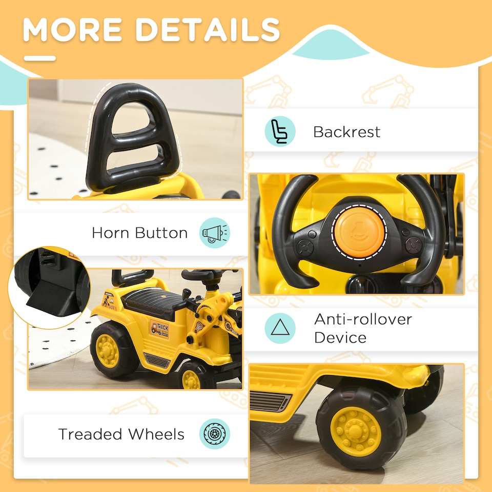 image 1 of HOMCOM NO POWER 3 in 1 Ride On Toy Bulldozer Toddler Digger Excavator Scooter Storage Cart Toilet Pretend Play Construction Truck
