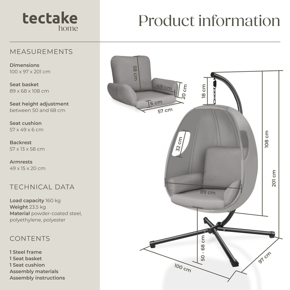 image 1 of Hanging Egg Chair Anika - with frame and extra thick seat cushion | Grey | light grey | One Size | 1