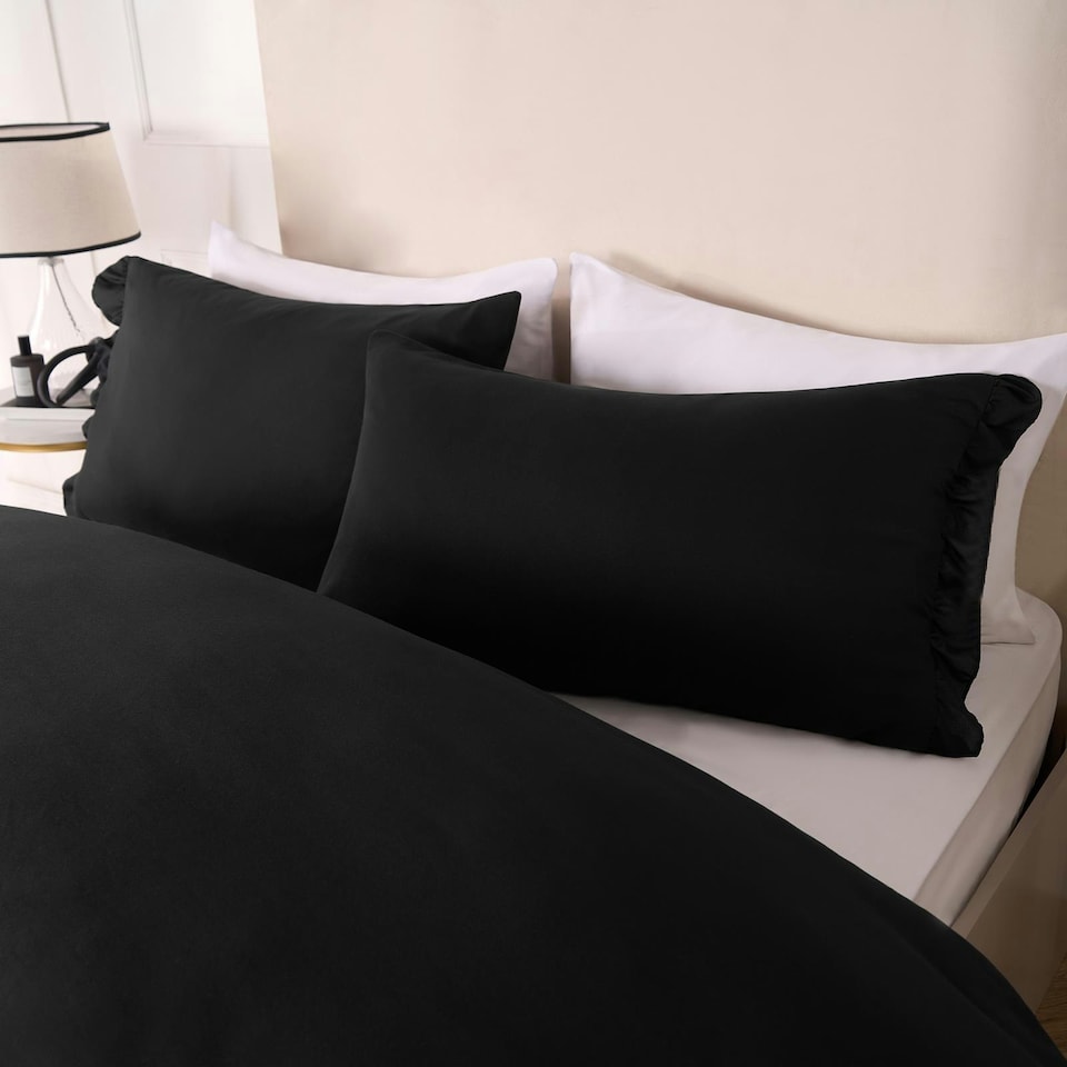 image 1 of OHS Ruffled Frill Edge Duvet Cover and Pillowcase Bedding Set, King - Black