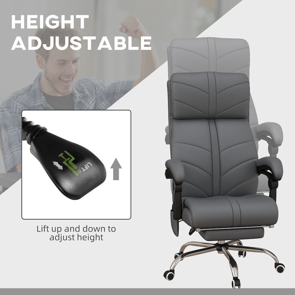 image 1 of Vinsetto High Back Vibration Massage Office Chair, Heated Reclining PU Leather Computer Chair with Footrest, Grey