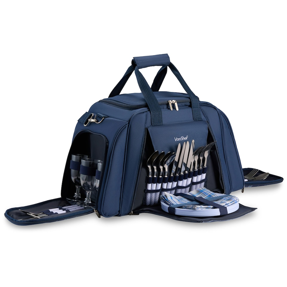 image 1 of VonShef Navy Picnic Holdall Extra Large with Dining Set Blue | 6 Person
