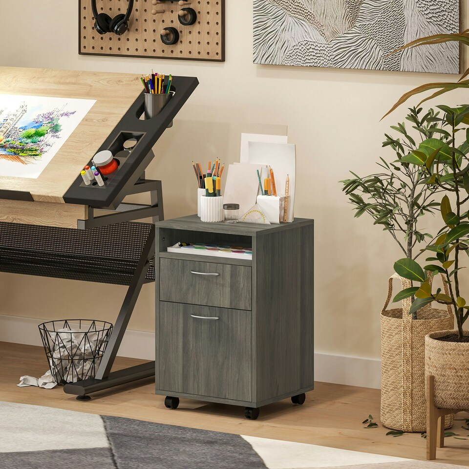 image 1 of HOMCOM 60cm Filing Cabinet with Drawers and Open Shelf, Grey