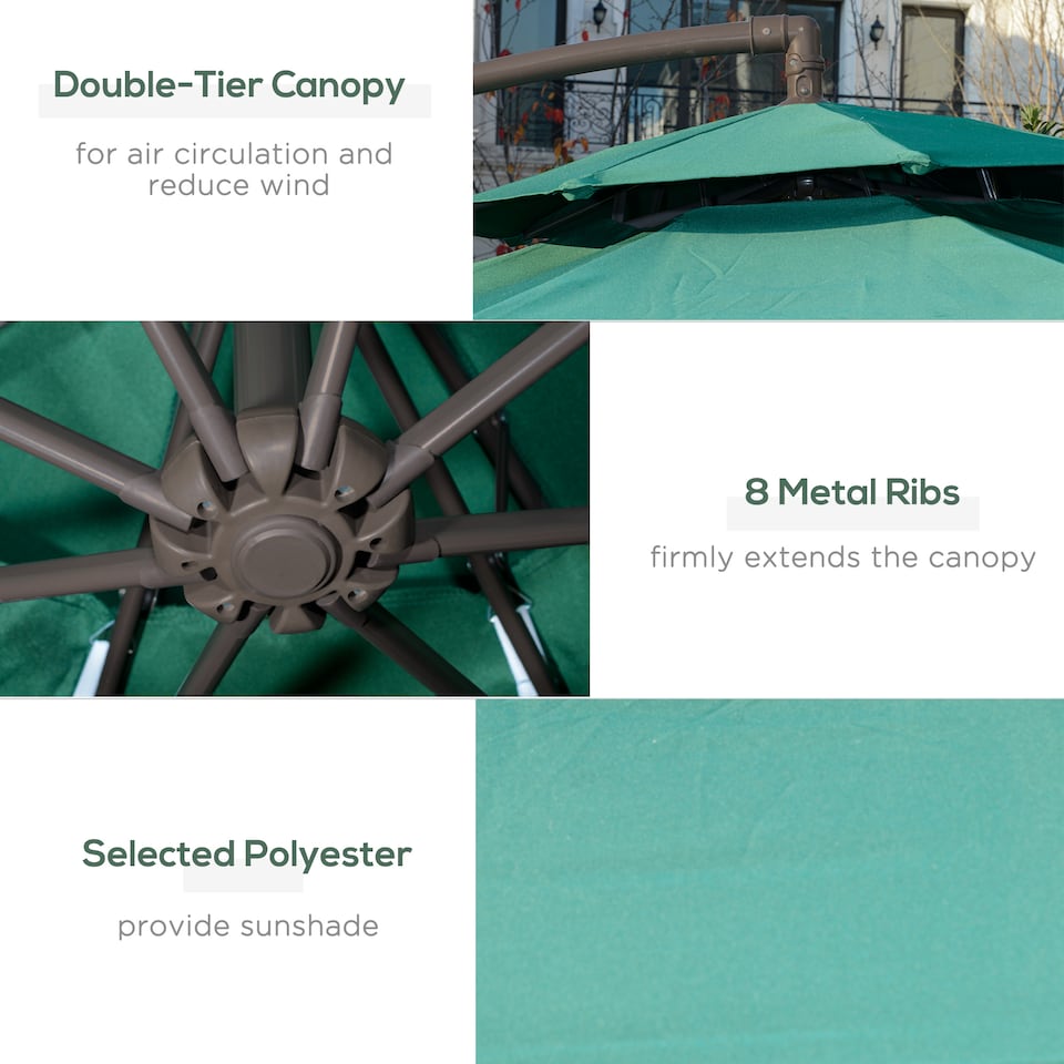 image 1 of Outsunny 2.7m Garden Banana Parasol Cantilever Umbrella with Crank Handle, Double Tier Canopy and Cross Base for Outdoor, Hanging Sun Shade, Green