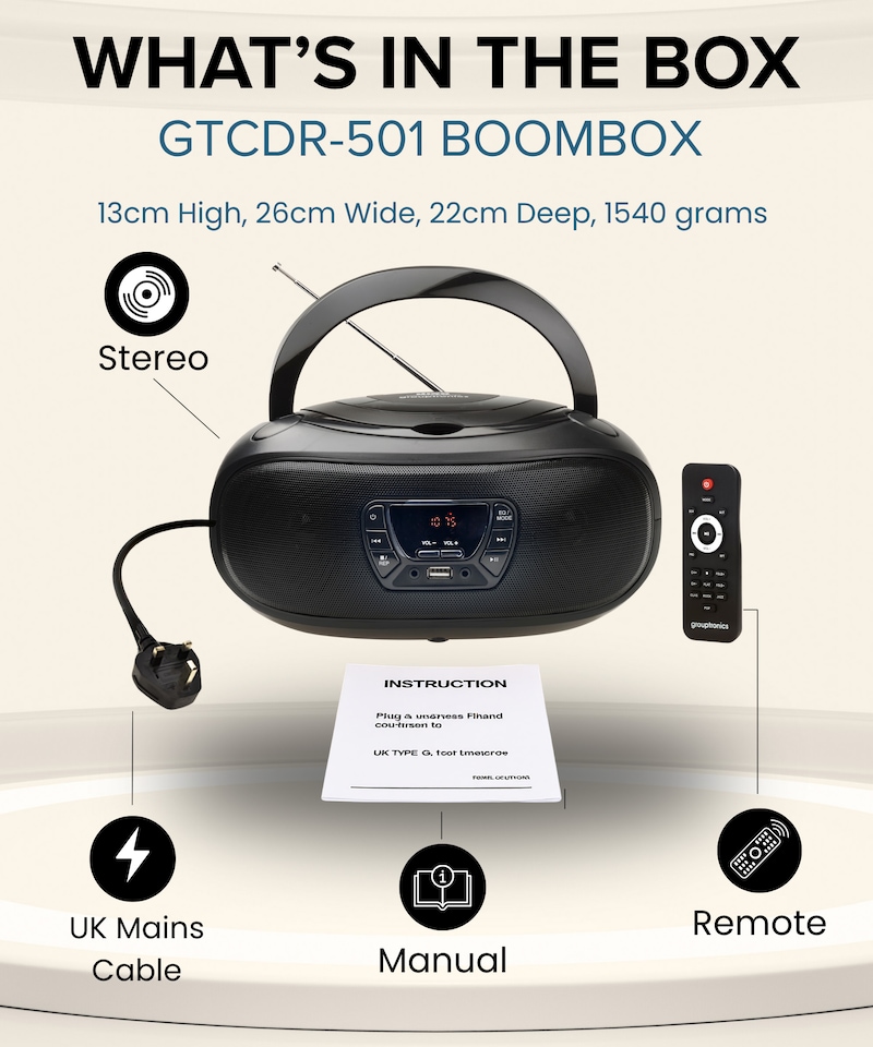 image 1 of Grouptronics Small Portable CD Player For Home With Speakers – Boombox Mains Or Battery Powered, FM Radio, Supports MP3 Audio Books - GTCDR-501