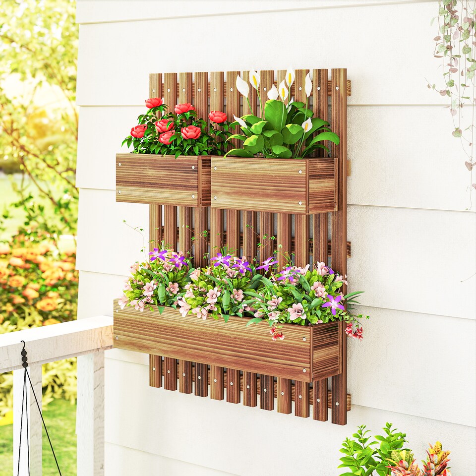 image 1 of Outsunny Wooden Garden Planters with Trellis Wall-mounted Raised Garden Bed