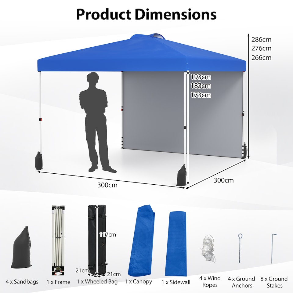 image 1 of COSTWAY 300 x 300 cm Pop up Canopy Tent With Sidewall Blue