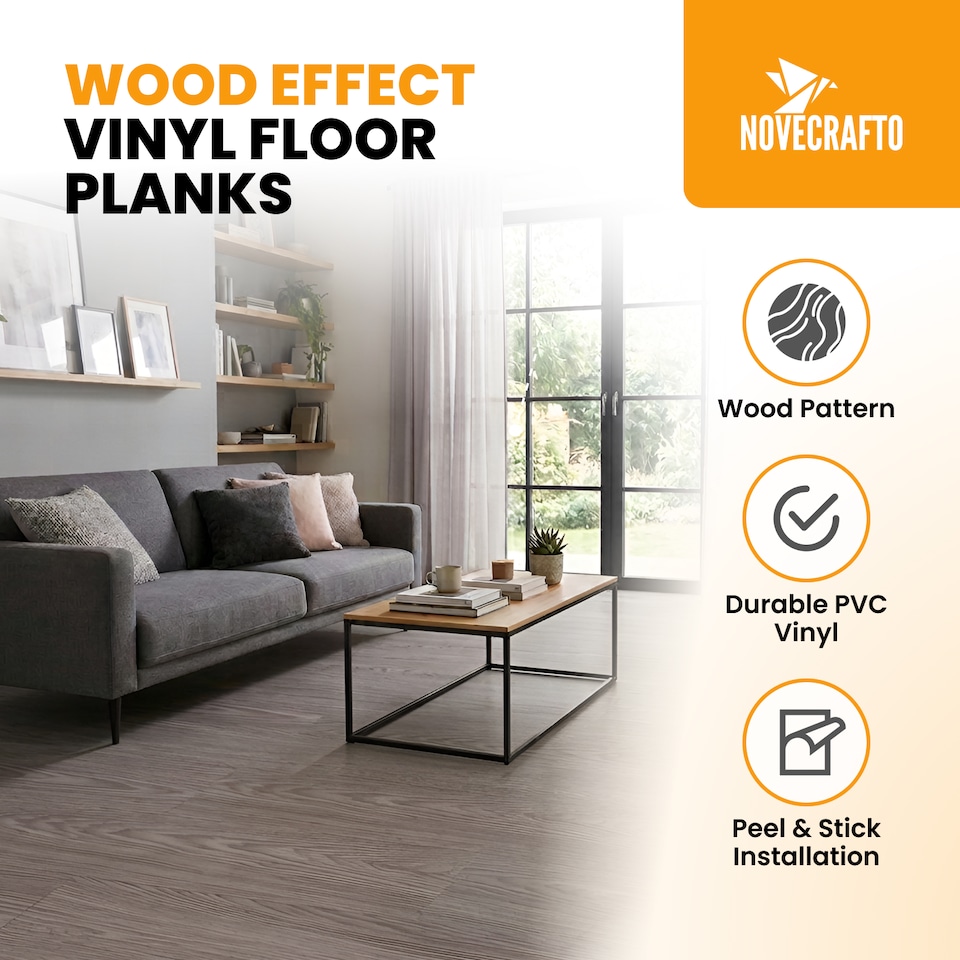 image 1 of NOVECRAFTO Self Adhesive Floor Planks | 5.9x35.9in (91.4x15.2cm) Each | Peel & Stick Vinyl Flooring | Grey Oak Wood Effect | Waterproof DIY Tiles | Grey | 2.78 sqm