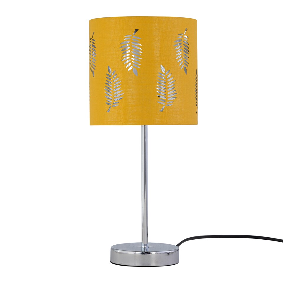 image 1 of Set of 2 Chrome Touch Table Lamps with Ochre Mustard Fern Shades | Chrome | Polished chrome plate and ochre cotton with silver inner detail | 2
