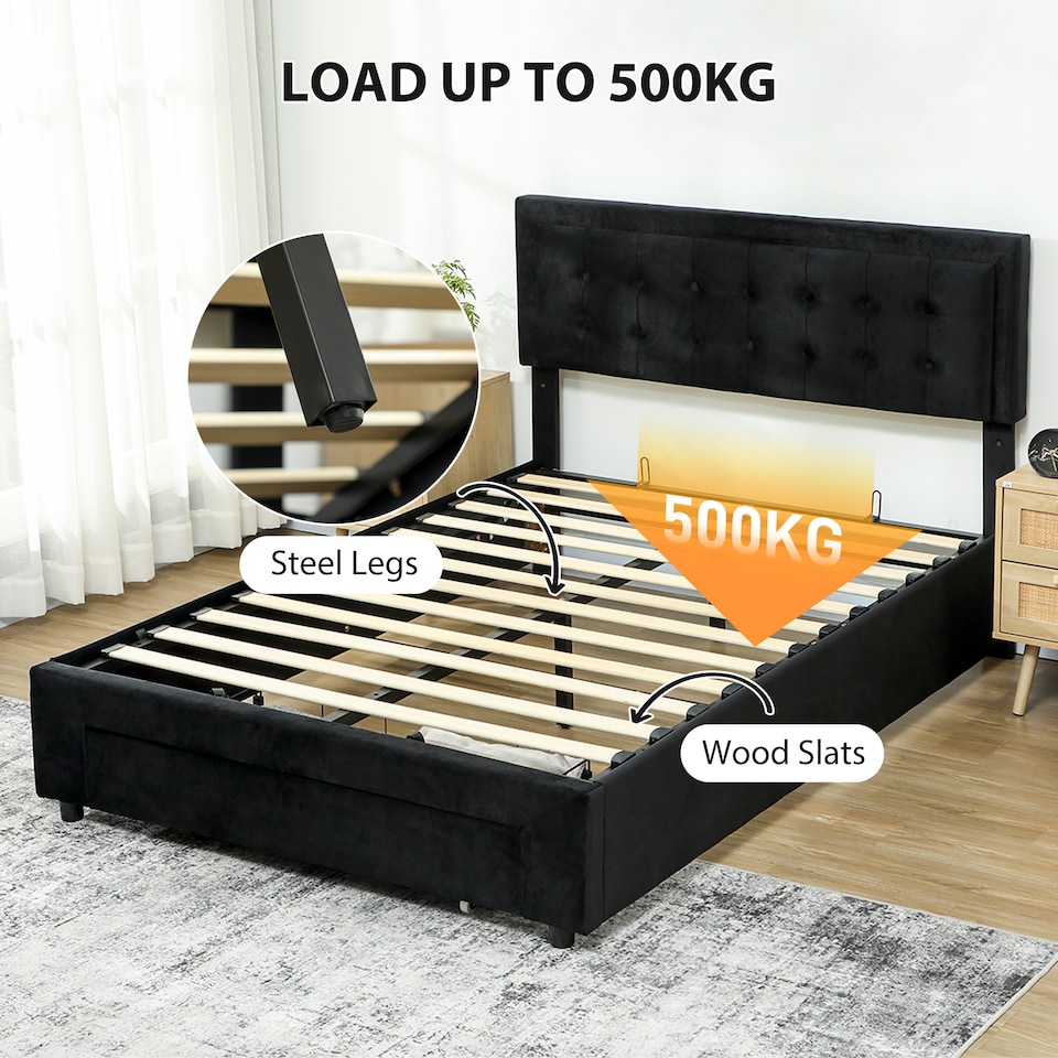 image 1 of HOMCOM King Size Bed Frame with Storage and Adjustable Headboard, Black | Black