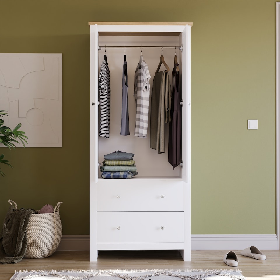 image 1 of Vida Designs Arlington 2 Door 2 Drawer Wardrobe With Shelf & Clothes Rail, White & Oak