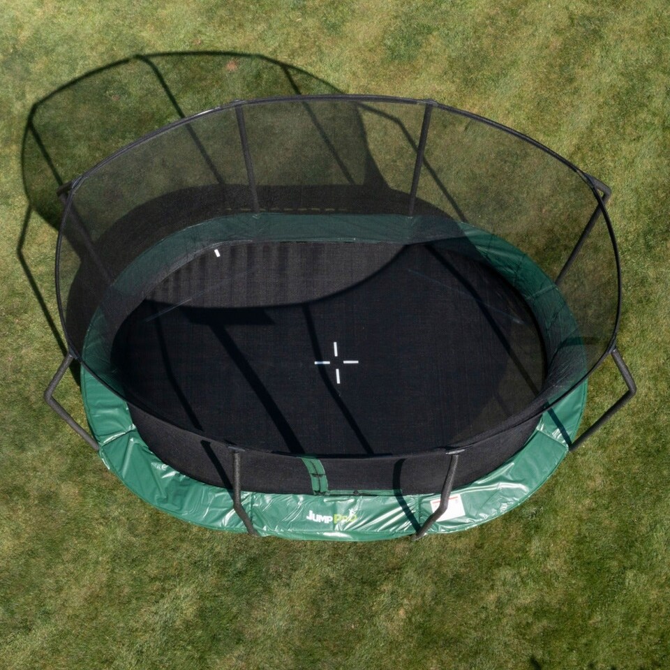 image 1 of 15ft x 10ft JumpPRO® Xcite Green Oval Trampoline with Enclosure - 86 Springs, 150kg Capacity.