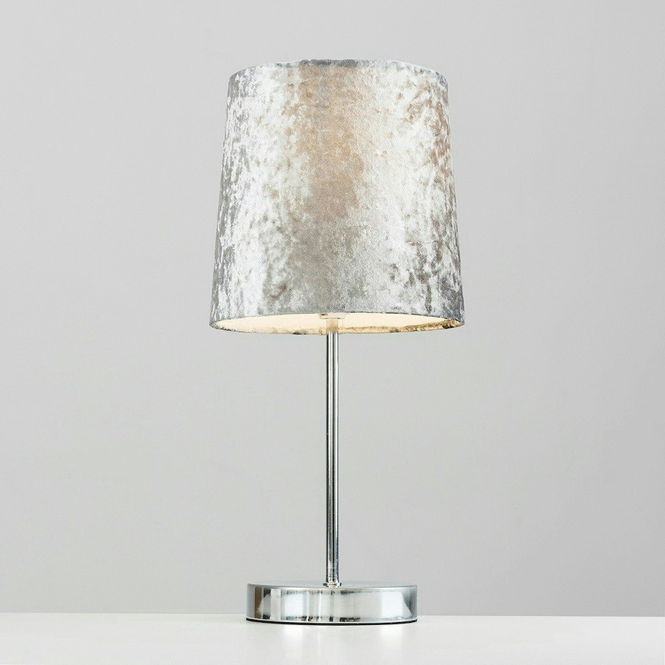 image 1 of ValueLights Pair of - Polished Chrome Table Lamps with a Silver Grey Velvet Shade - Complete with 4w LED Bulbs 3000K Warm White