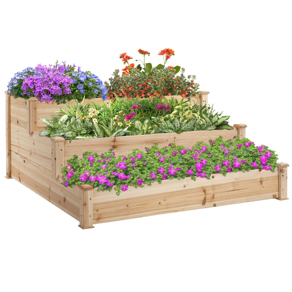 image 1 of Outsunny Wooden Raised Bed 3-Tier Planter Kit Elevated Plant Box 124x124x56cm