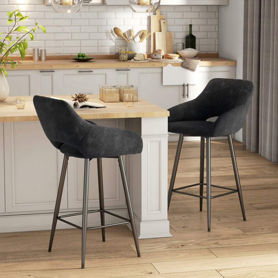 image 1 of HOMCOM Bar Stools Set of 2 Velvet-Touch Fabric Counter Bar Chairs Dark Grey