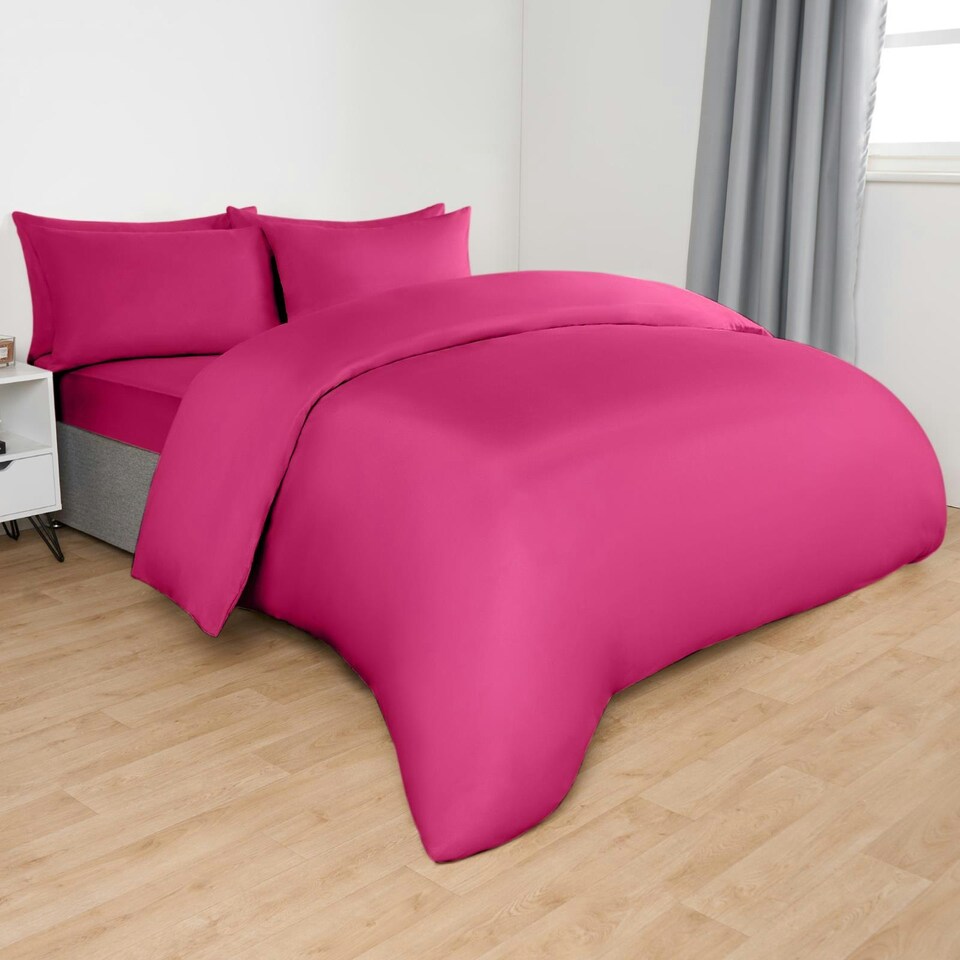 image 1 of OHS Soft Cosy Microfibre Plain Duvet Cover and Pillowcase Set Pink | Bright Pink | Double