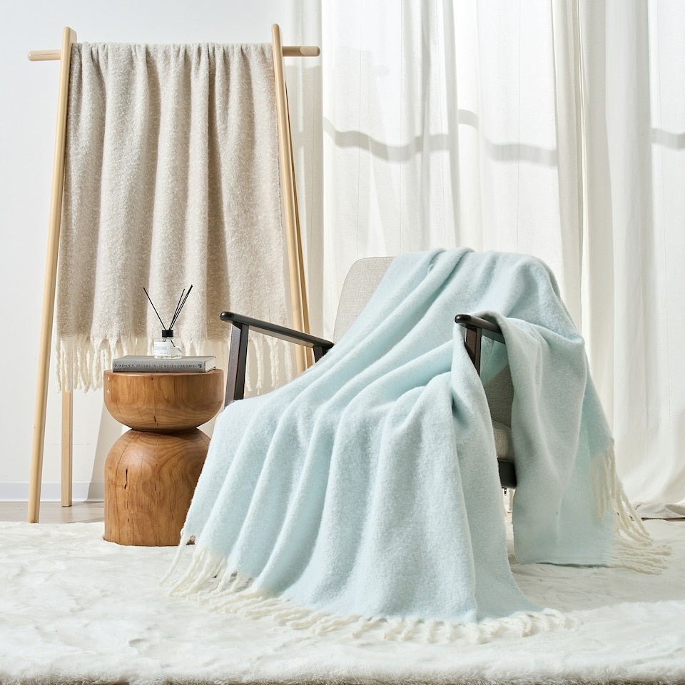 image 1 of Aisling Marl Faux Mohair Throw - Super Soft, Stylish Tasselled Blanket Blue | Duckegg