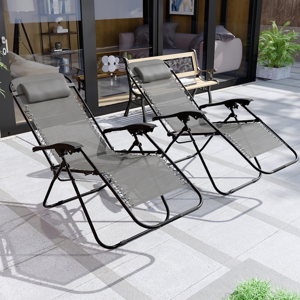 image 1 of Garden Vida Set of 2 Foldable Outdoor Zero Gravity Chairs with Headrest Pillow - Grey