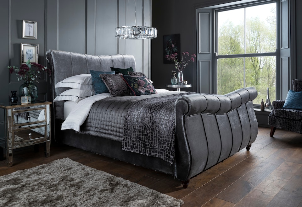 image 1 of Leona 4ft 6 Double Grey Plush Fabric Bed Frame | Grey | Double