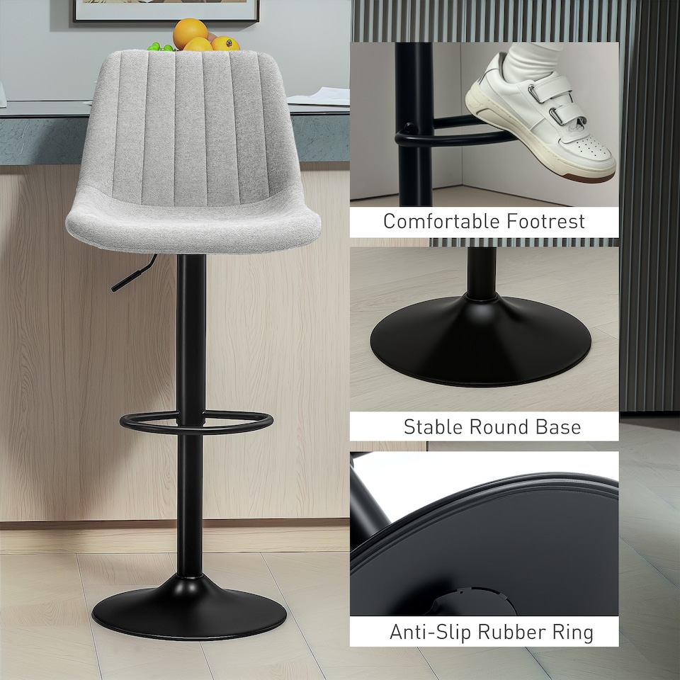image 1 of HOMCOM Modern Bar Stools Set of 2, Height Adjustable Swivel Bar Chairs with Backrest, Gas Lift and Footrest, Chenille Barstools for Breakfast Counter, Kitchen Island, Grey | Grey | Grey | 1