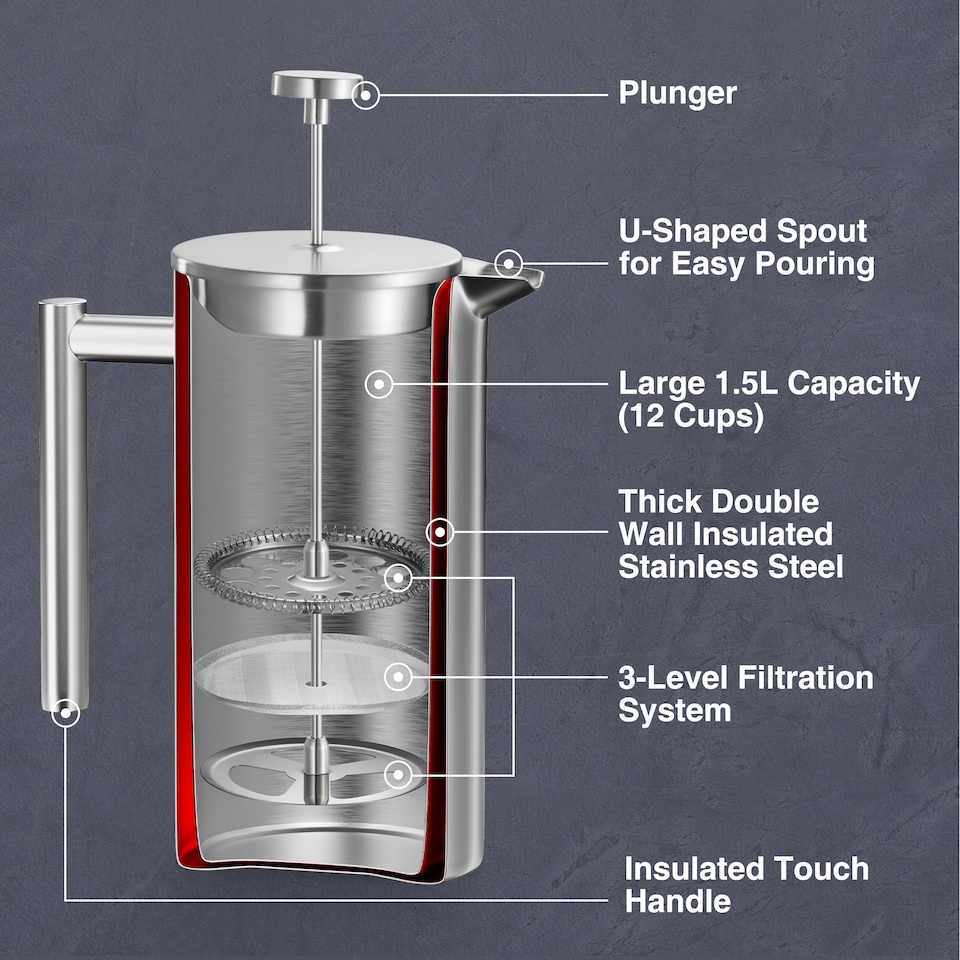 image 1 of VonShef 12 Cup Cafetiere, 1.5l Double Walled Stainless Steel