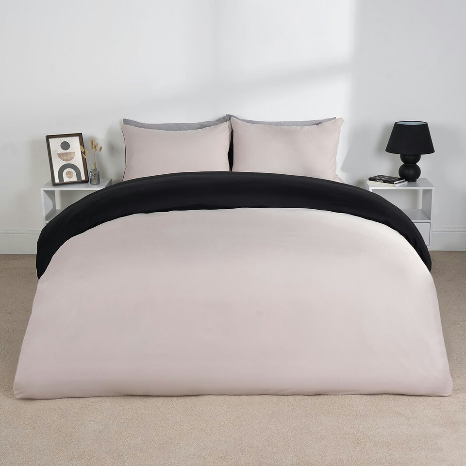 image 1 of OHS Microfibre Reversible Plain Duvet Cover and Pillowcase Set, Double - Black/Natural