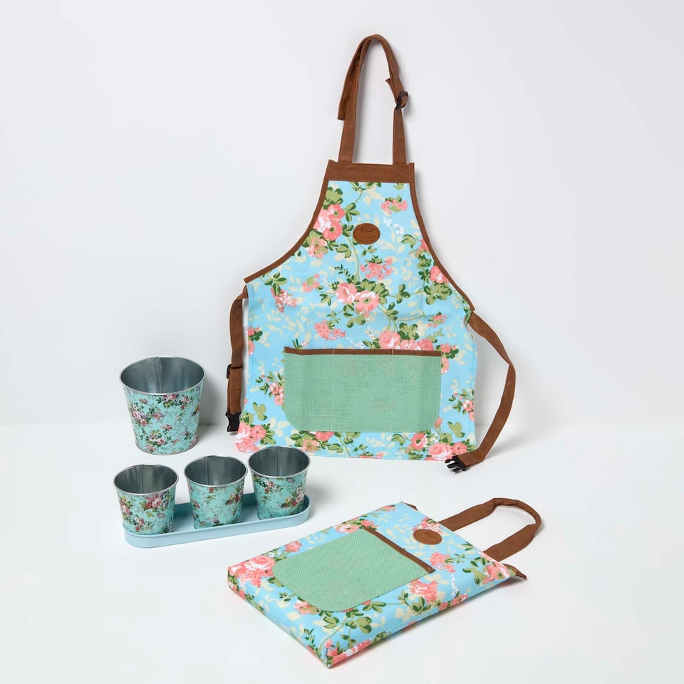 image 1 of Homescapes Blue and Pink Gardening Apron with Floral Rose Design