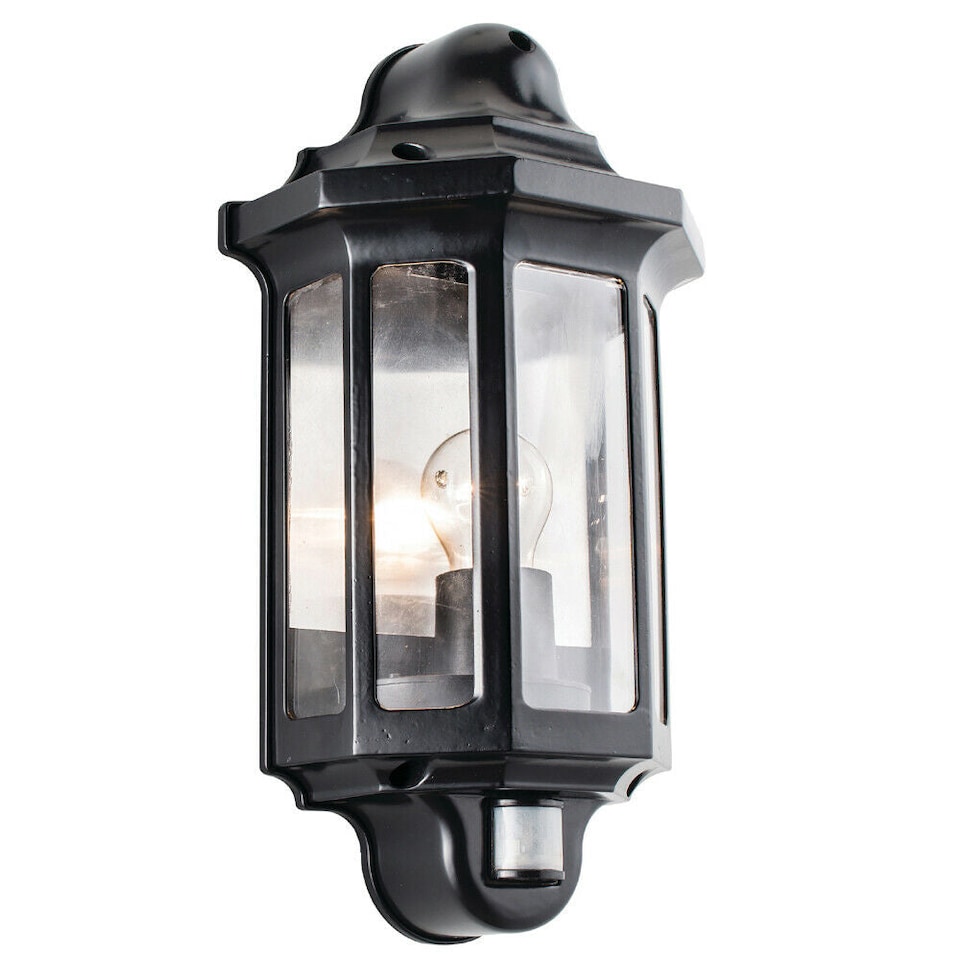 image 1 of IP44 Outdoor Wall Light Satin Black PIR Half Lantern Traditional Dimmable Porch