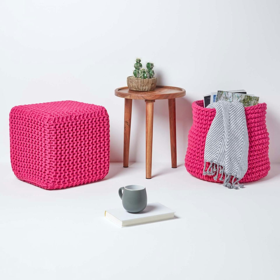 image 1 of Homescapes Hot Pink Cube Cotton Knitted Pouffe Footstool