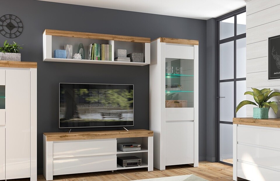 image 1 of Wall Shelf Cabinet Display Storage Open Panel Unit White Gloss Oak Effect Holten