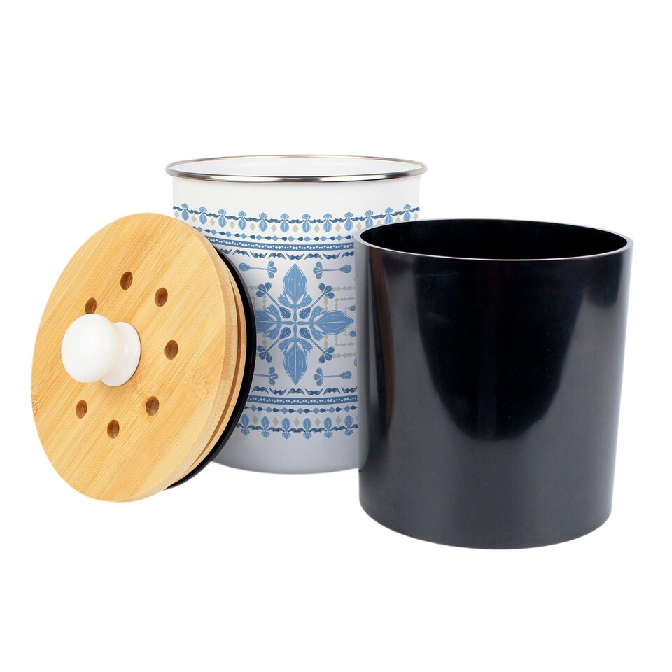 image 1 of Blue Folk Tile Food Waste Caddy - Metal 2L Decorative Kitchen Compost Bin