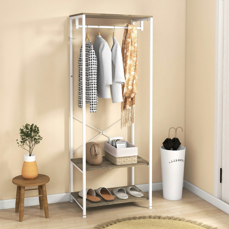 image 1 of HOMCOM Coat Rack, 2-in-1 Clothes Stand with Shoe Storage for Hallway, Grey