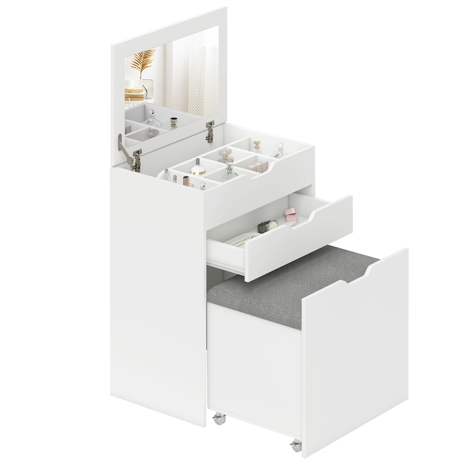 image 1 of HOMCOM Dressing Table with Flip-up Mirror and Storage Stool, Vanity Table with Drawer and Hidden Compartments for Bedroom, Living Room, White