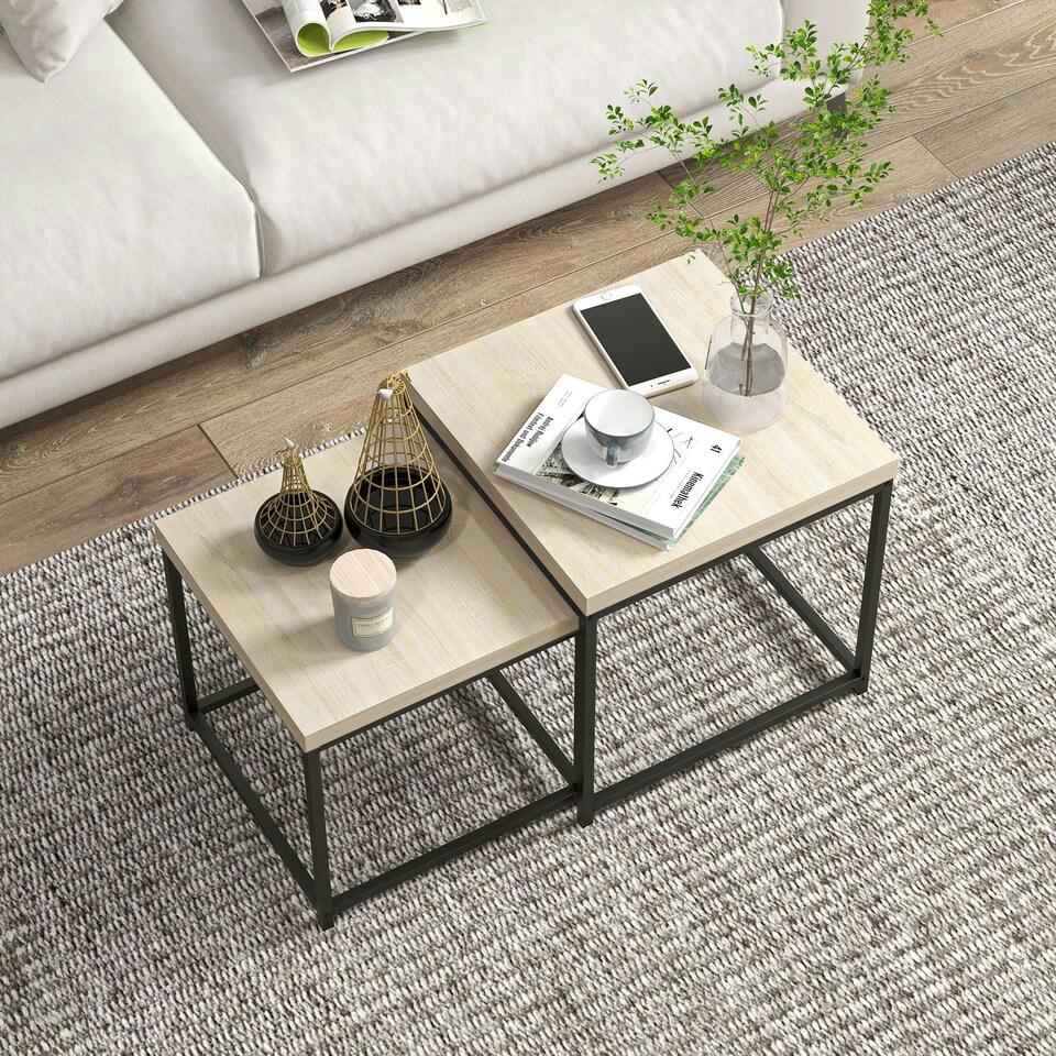 image 1 of HOMCOM Coffee Table Set of 2, Nest of Tables with 3.5cm Thick Tabletop, Oak