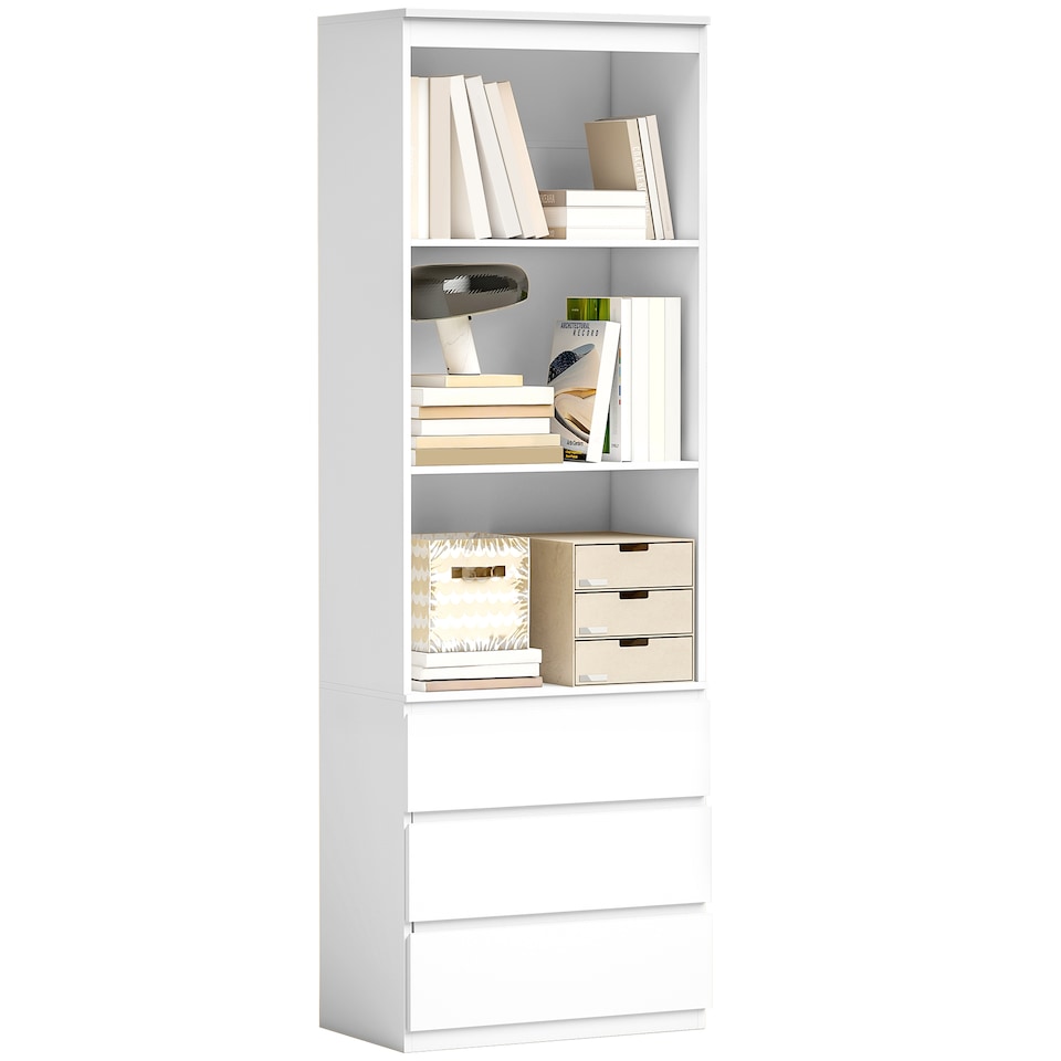 image 1 of HOMCOM 180cm Tall Bookcase with Storage, Free Standing Bookshelf with 3 Shelves and 3 Drawers, Display Cabinet for Living Room, Home Office, Bedroom, White