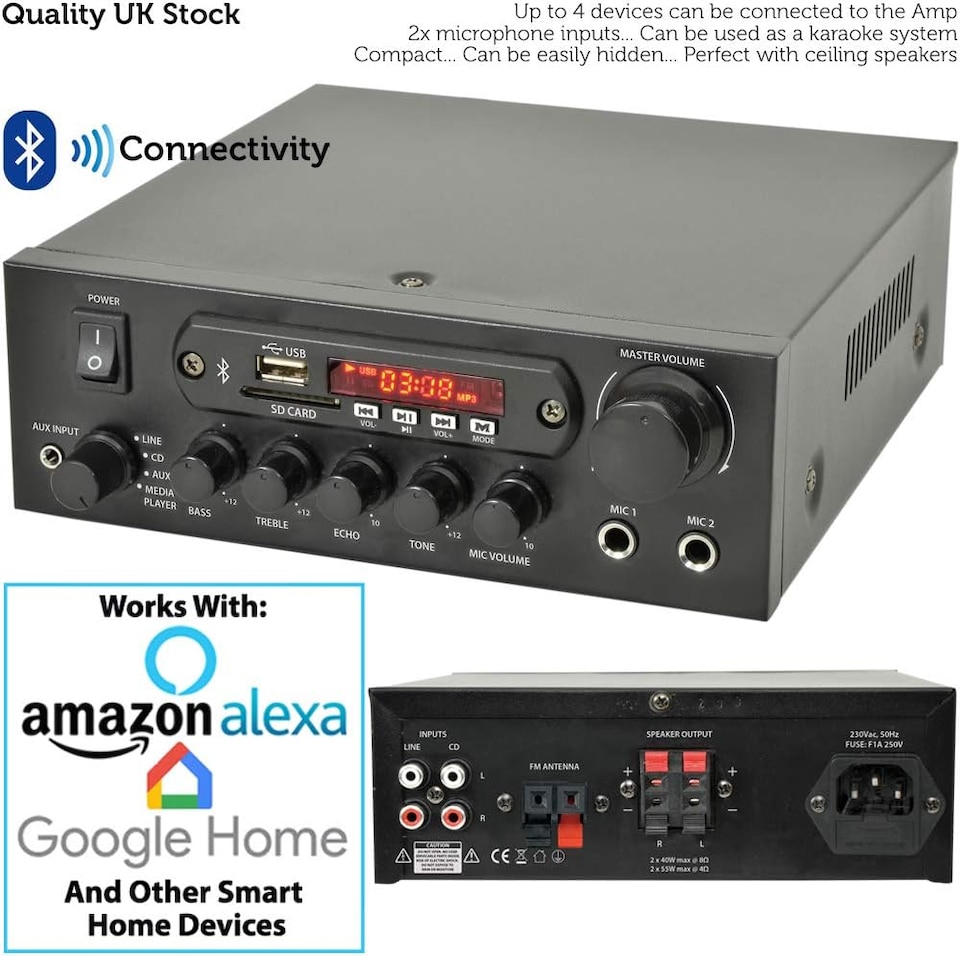 image 1 of Home Bluetooth Speaker System - 4x Black Wall Speakers & Amplifier Set - Background Music Wireless
