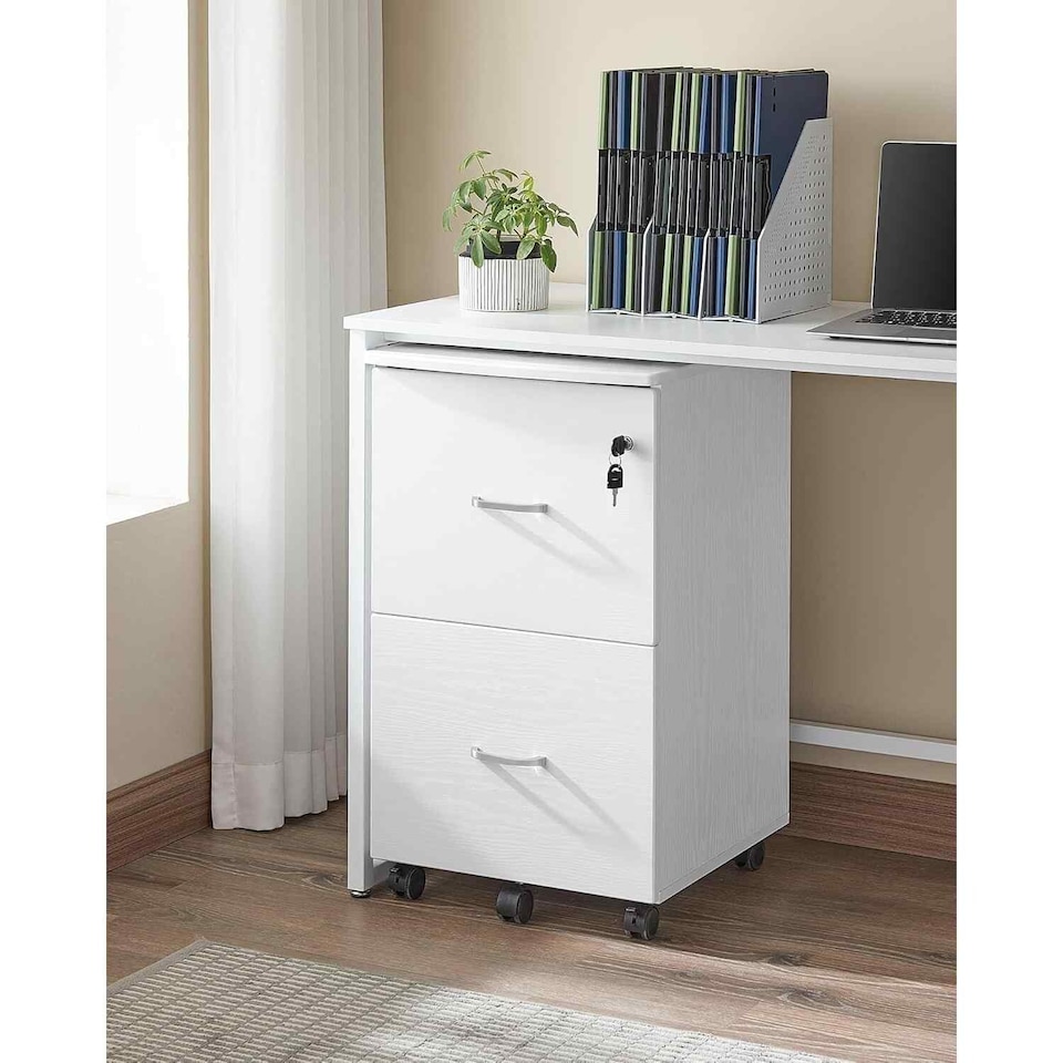 image 1 of Rolling File Cabinet with 2 Lockable Drawers, Mobile Printer Stand, Home Office Storage, White