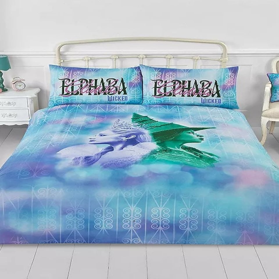 image 1 of Wicked Glenda & Elphaba Reversible 2 in 1 Design Double Duvet Cover and Pillowcase Set - Wicked For Good Blue | green, pink | Double