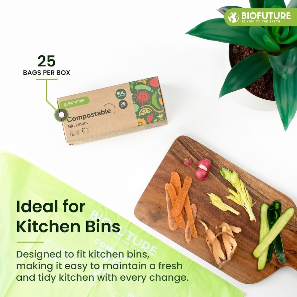 image 1 of Biofuture 50L x 25 Compostable Bin Liners | Home Compostable & Council Approved | Fits 49-51L Large Garden & Compost Waste Bags | EN13432 Certified & TUV Certified