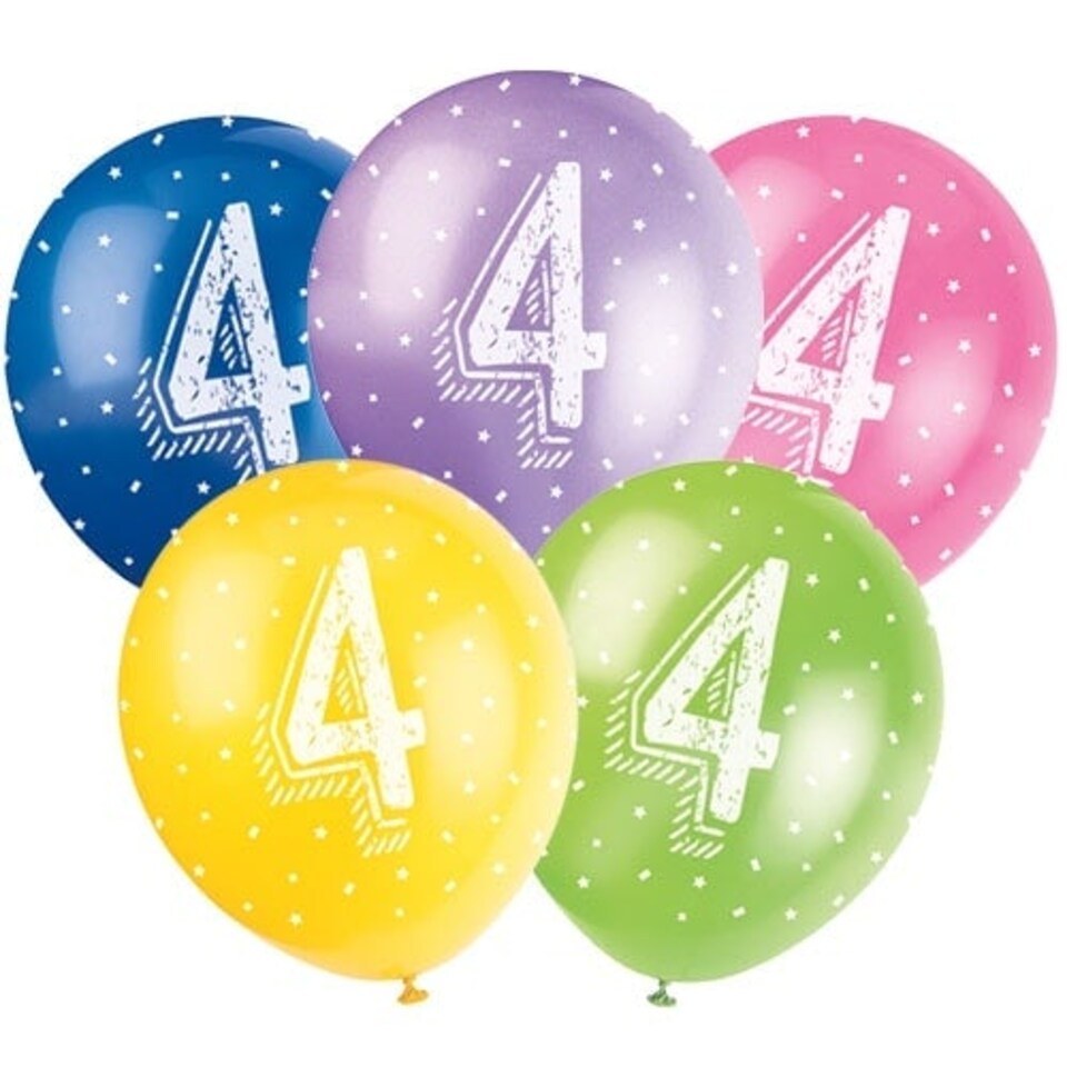 image 1 of Age 4 Biodegradable Assorted Latex Balloons 30cm / 12 in - Pack of 5