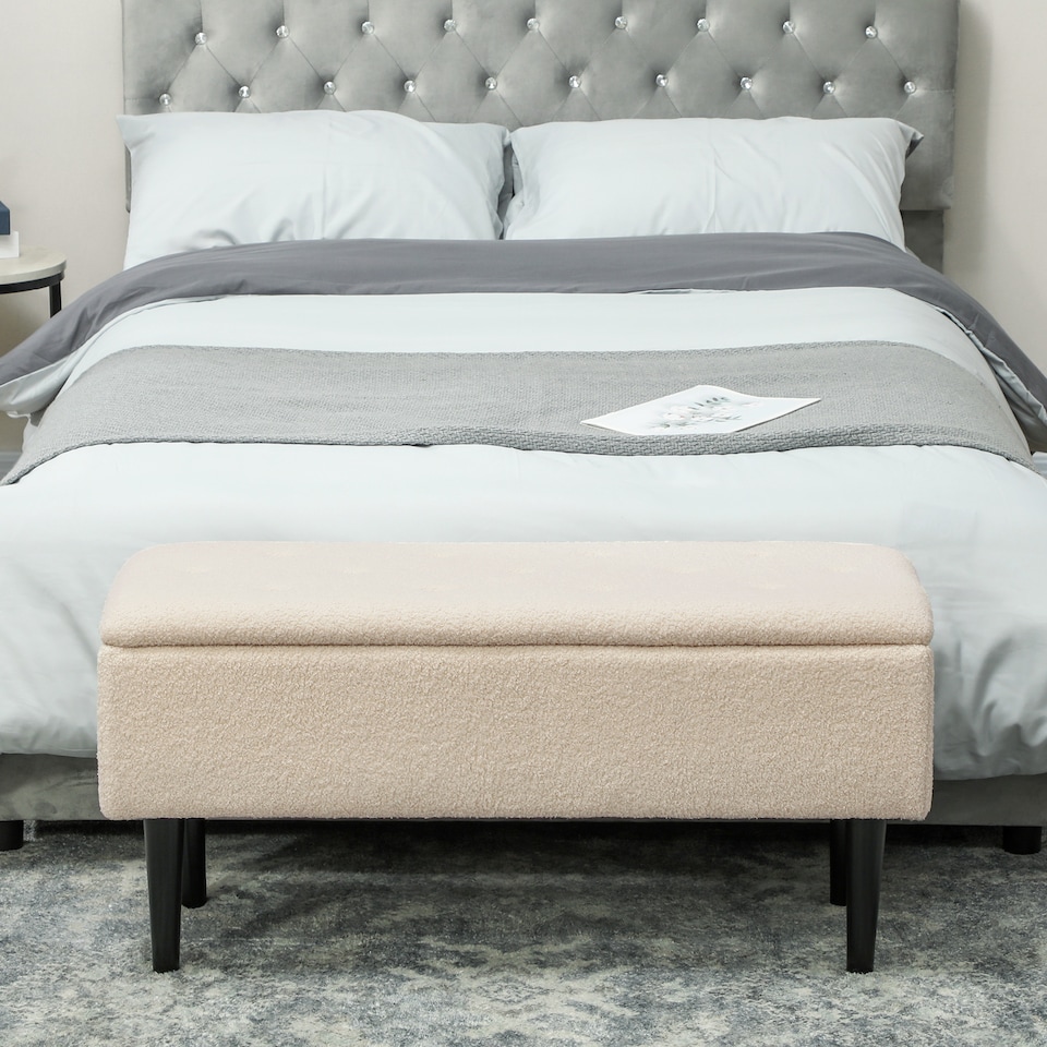 image 1 of HOMCOM 57L Storage Ottoman, End of Bed Bench with Wooden Legs, Fabric Footstool for Living Room, Bedroom, 95 x 38 x 45cm, Cream White | Cream | Cream