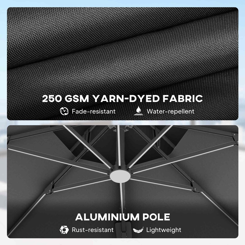 image 1 of Outsunny 3 m Cantilever Roma Parasol with LED Solar Lights, Crank and Tilt, Aluminium Frame, Cross Base and Adjustable Canopy 360 Rotating Sun Umbrella with 2Tier Shade, Grey