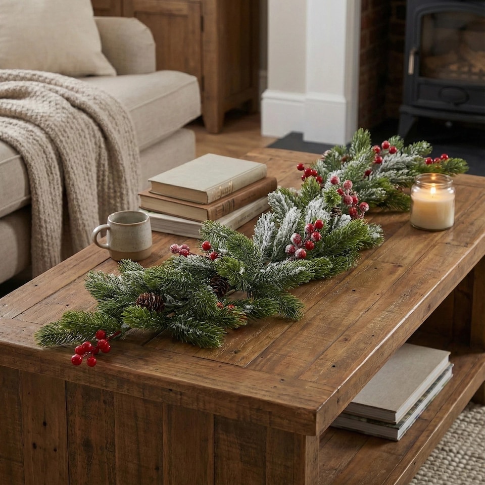 image 1 of 76cm Snowy Christmas Branch Flocked Pine Cone Red Holly Berries Pick Xmas Decor | Multi | 1