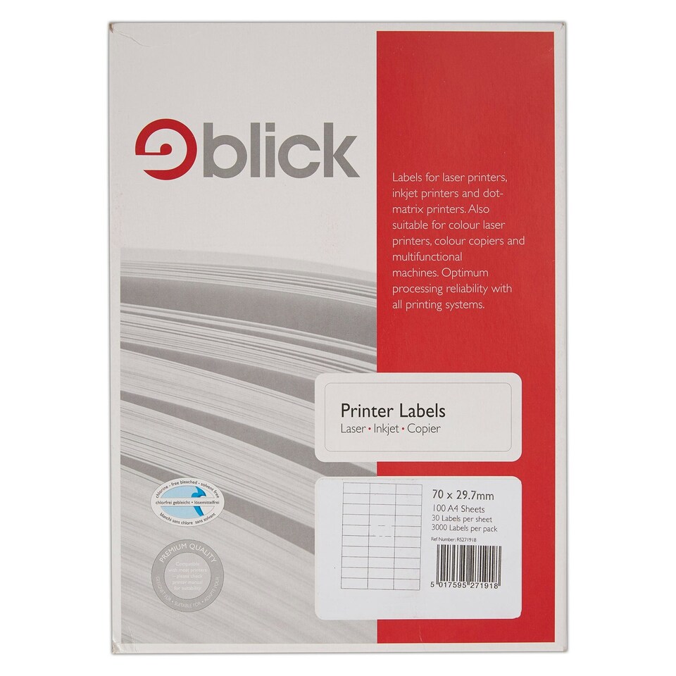 image 1 of Blick 30Up, 70mm x 29.7mm, Rectangular, White, 3000 Labels