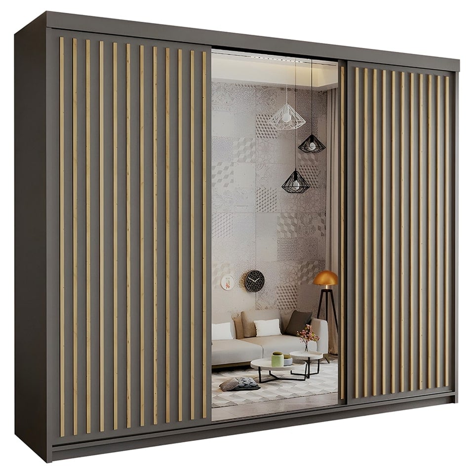 image 1 of Sliding Wardrobes 4U Modern Vertical Panelled Mirror Sliding Wardrobe – 150cm to 250cm, White, Black, Grey, Oak | Grey