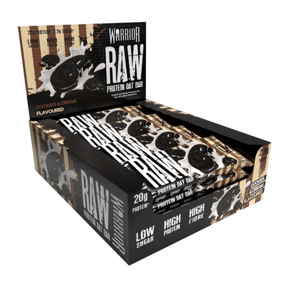 image 1 of Warrior RAW Protein Bars 12 x 75g – 20g High Protein Bar, Low Sugar High Fibre Oat Protein Flapjack – Protein Snacks, Meal Replacement Bars (Variety)