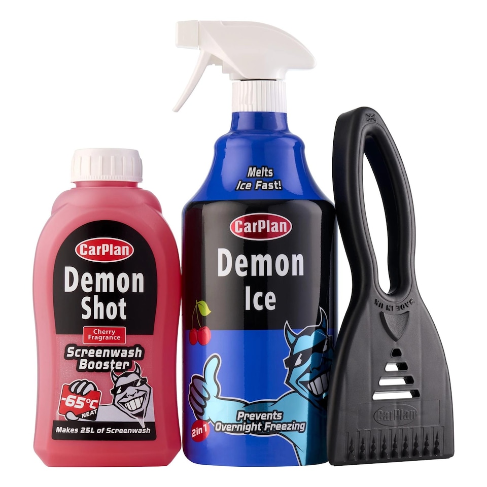 image 1 of CarPlan Demon Winter Essentials 3 Piece Kit Screenwash, De-Icer & Scraper