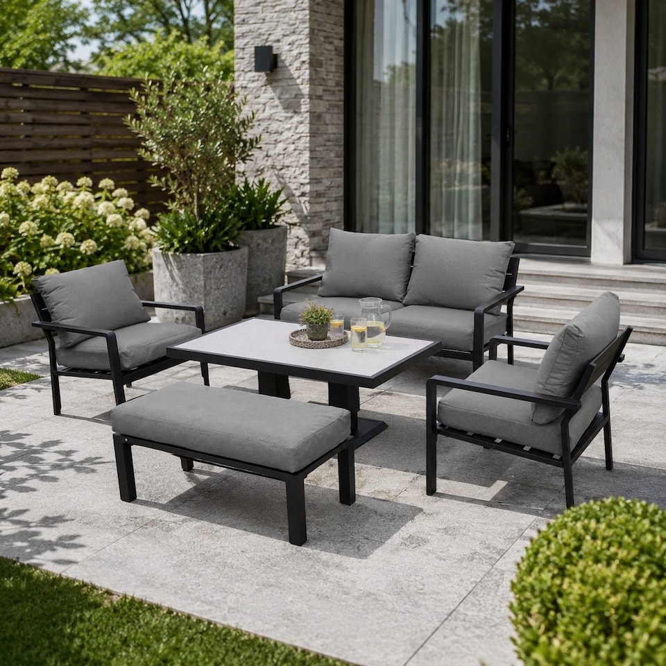 image 1 of 4 Seater 5 Piece Aluminium Garden Sofa Dining Set with Gas Lift Table, Ottoman Bench & Grey Cushions