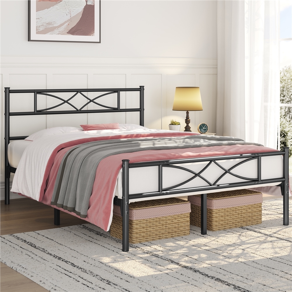 Yaheetech 4ft6 Double Metal Platform Bed Frame with Headboard