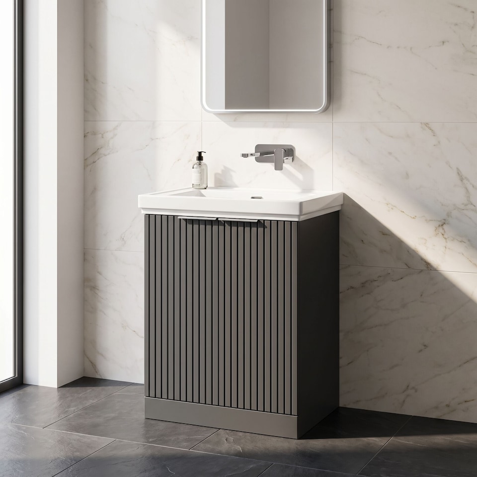 image 1 of Balterley Callingwood Contemporary Floor Standing 2 Door Vanity Unit with Traditional 0 Tap Hole Fireclay Basin , 600mm, Dark Grey